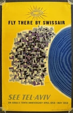 1958 Fly There By SwissAir Tel Aviv Israel Poster Jean David Artist Anniversary
