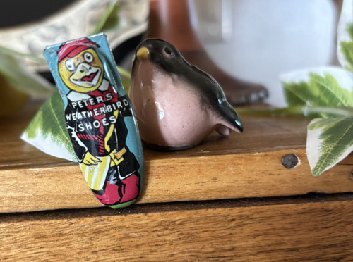 Peters Weatherbird Shoes Tin Litho Toy Clicker NOISEMAKER Kirchhof Antique VTG