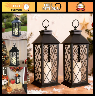 2-Pack 13.5'' Vintage LED Candle Lanterns - Waterproof, Timer, Battery-Powered, I