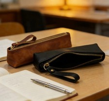 2x Leather Pencil Pouch Zipper Pen Case Stationery Box Makeup Bag For Men Women