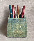 Vintage Turquoise Shagreen Tapered Cube Pen Holder Desk Accessory Trinket Box