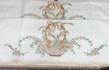 Vintage Pair Of Hand Embroidered Pillow Cases, Floral Baskets, Stunning, Nice