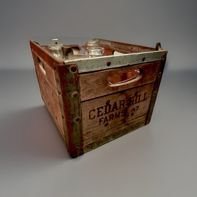 Vintage Cedar Hill Farms Wooden Milk Crate w/ 4 Glass Milk Bottles Antique