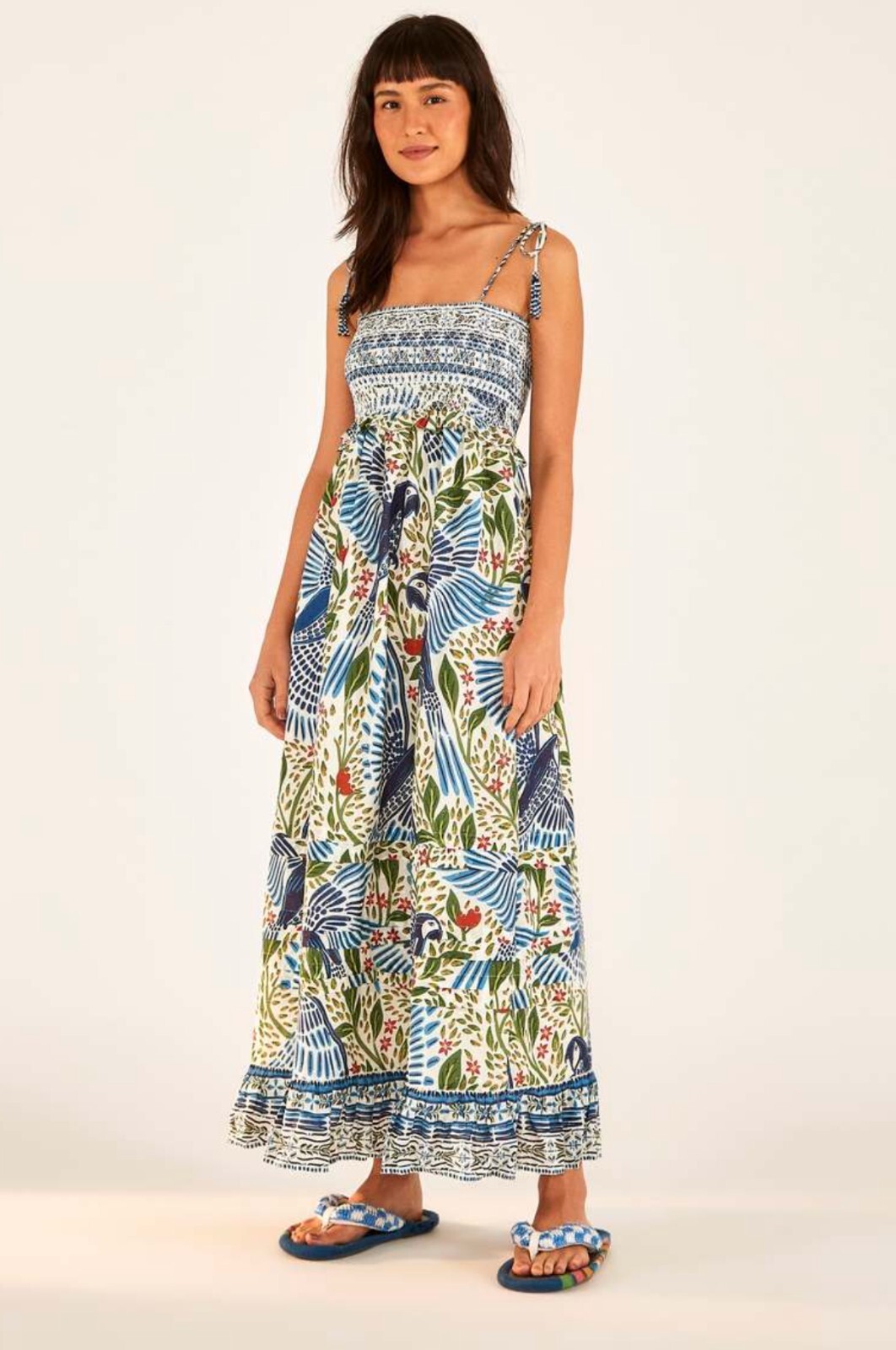 Farm Rio Off White Macaw Flight Smocked Maxi Dress NWT XS Bird Floral Tropical