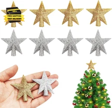 8 Pcs Mini Christmas Tree Topper Star 2.36 Inch Tiny Glitter Gold Silver Star Ch