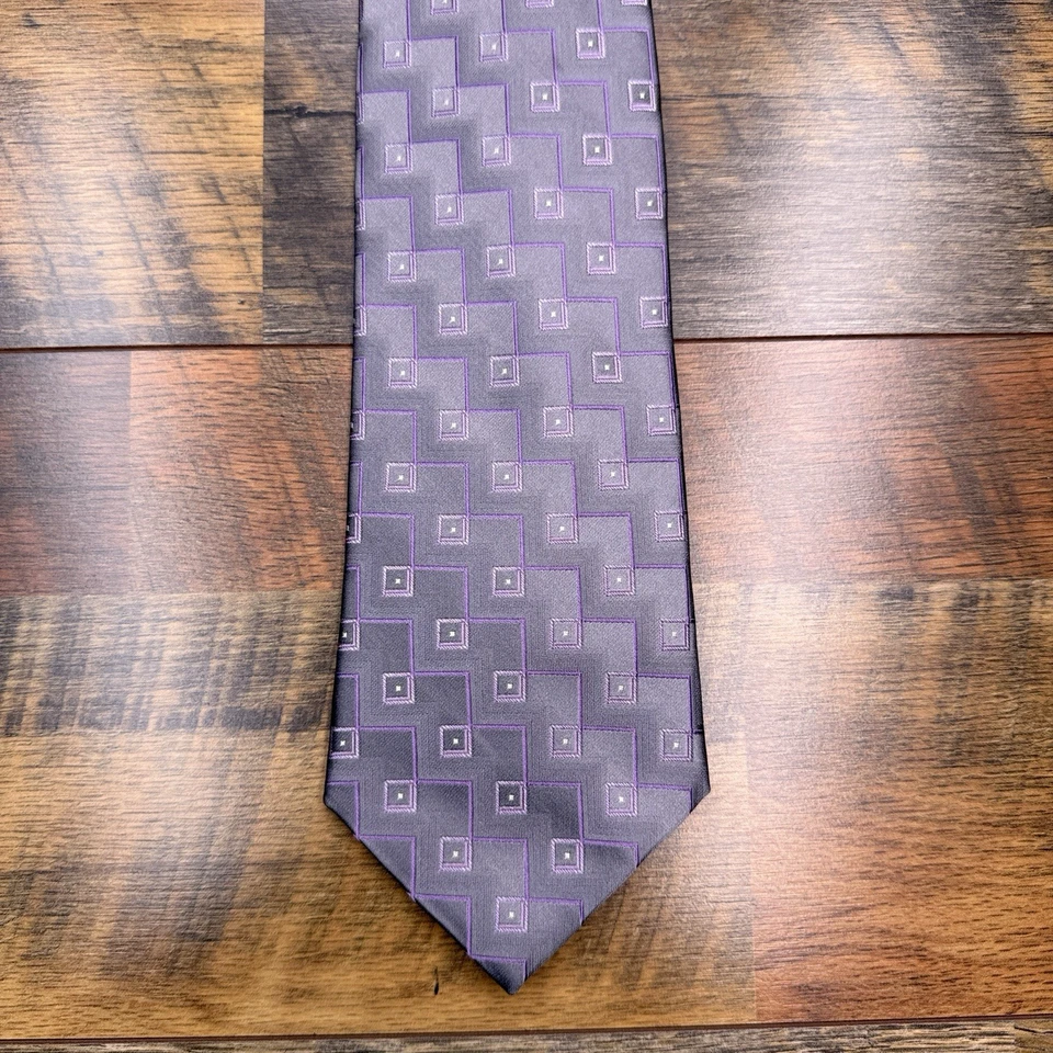 Corbata de seda Paul Dione gris púrpura geométrica extra larga Foto 3 de 4