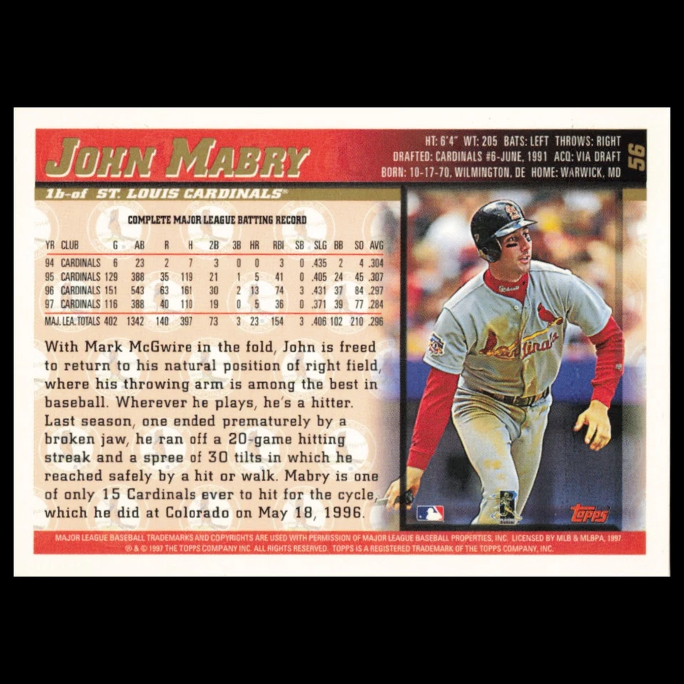 John Mabry #56 1998 Topps St. Louis Cardinals Baseball Card MLB NM - Image 2 of 3