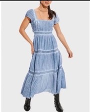 American Eagle Outfitters Blue tiered Midi Dress textured embroidery size small