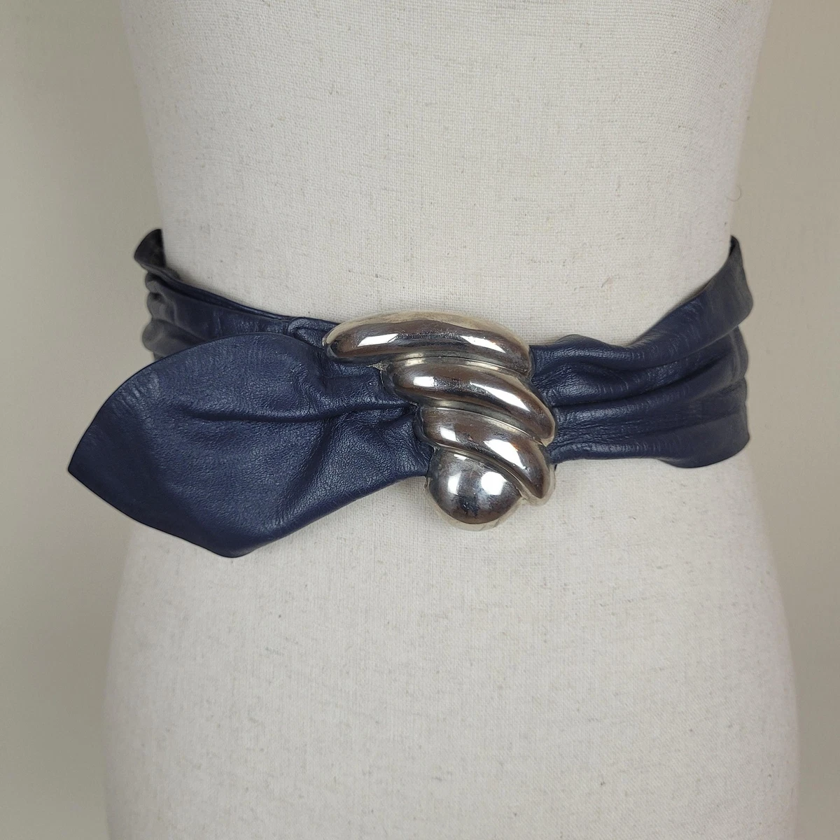 VTG Blue Leather Belt Small Wide Waist Sculptural Buckle Statement 80s Sash Blue Leather Belts for Women for sale | eBay main image 3