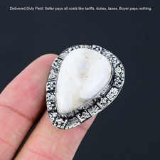 Pear Natural Scolecite Ethnic Statement Trendy Ring Size 6.5 925 Sterling Silver