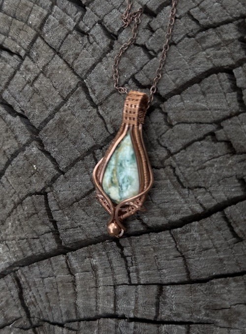 Copper Wire Wrap Teardrop Green Jasper Pendant Charm Necklace Cable Chain