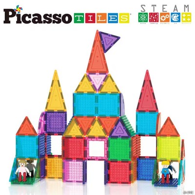 PicassoTiles 63 PC Magnetic Tiles and Brick Compatible, Classic Brick, Brick Bui