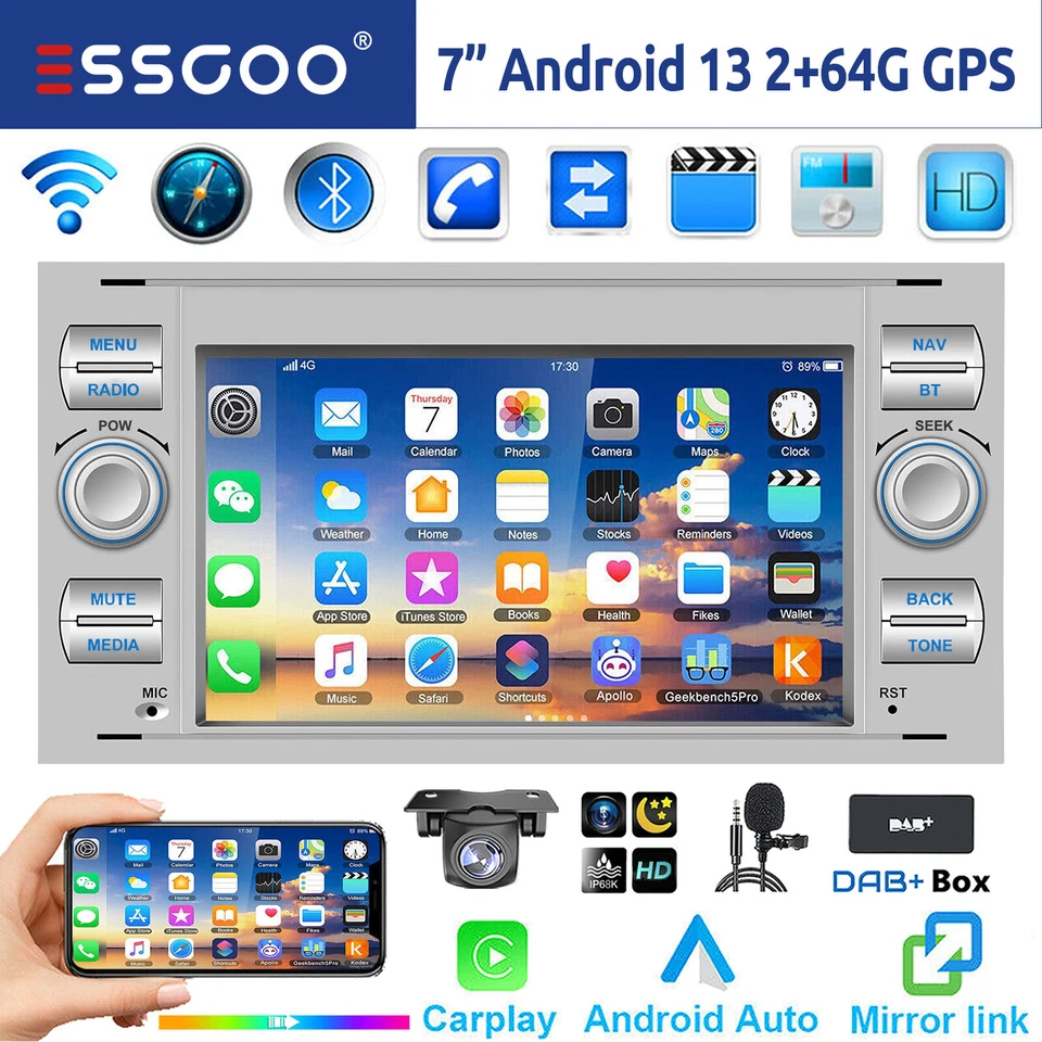 DAB+ 64G Autoradio Android 14 Carplay Navi Für Ford Focus C S Max Transit Fiesta - Bild 1 von 4