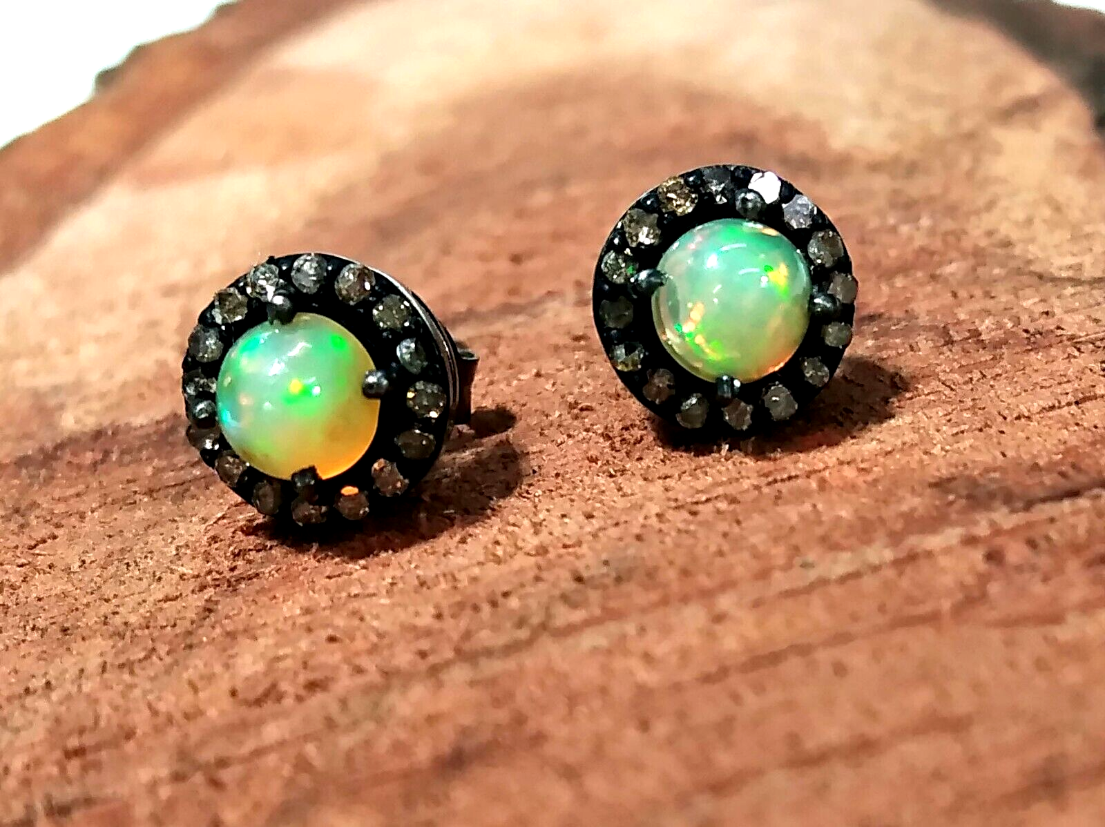 Silver Diamond Stud Earrings with Natural Opal and 925 Solid Silver Studs-image