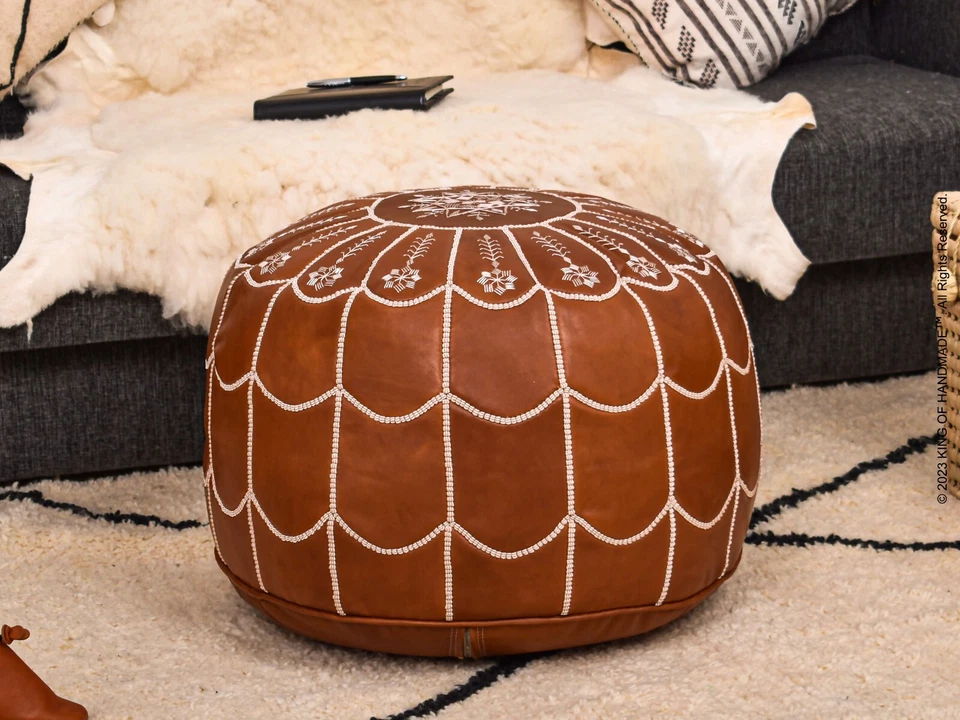 МЯГКИЙ кожаный ножной табурет оттоманка, ручной работы марокканский пуф, кожаная мебель - Изображение 2 из 4