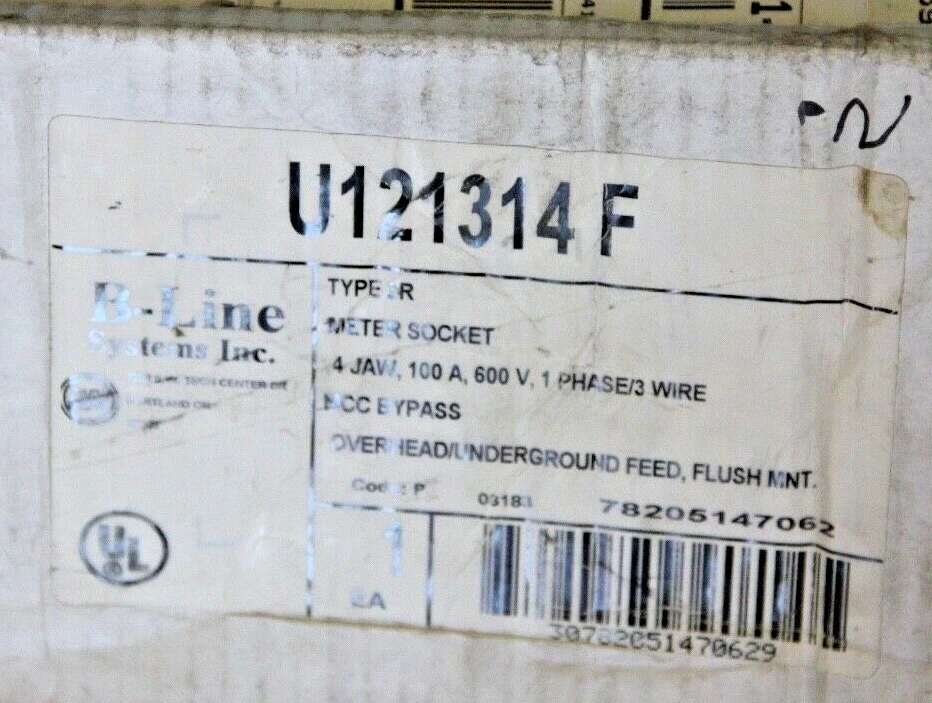 Cooper B-Line U121314F 100 Amp 600 VAC 1 Phase Commercial Meter Socket N3R 4 Jaw - Image 3 of 4