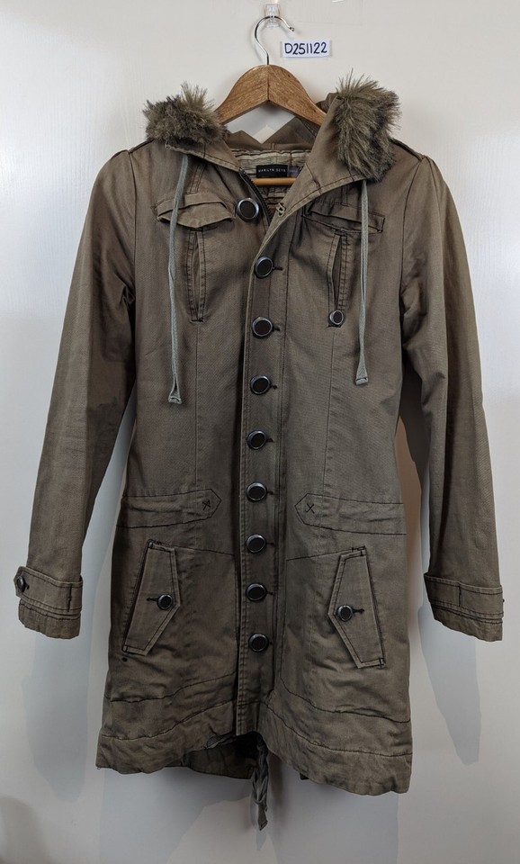 Marilyn Seyb Khaki Anorak Faux Fur Lined Hood Long Winter Jacket Size 10