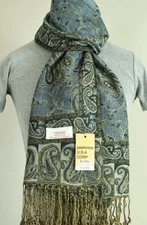 Women's Pashmina Scarf Shawl Wrap Paisley Black Gray,Silk Cashmere*Soft