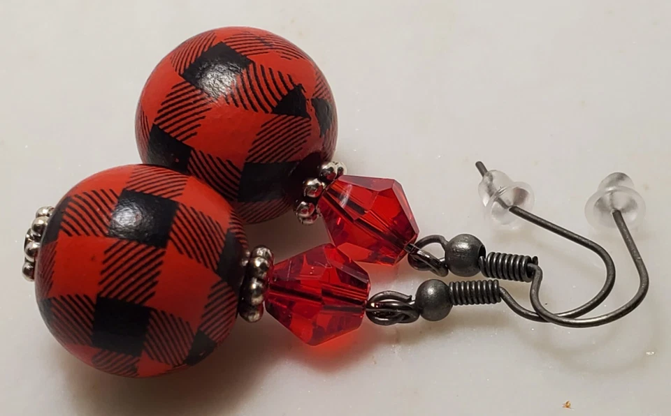 Red Swarovski Crystal Buffalo Plaid Christmas Earrings * Merry Christmas... - Image 3 of 4