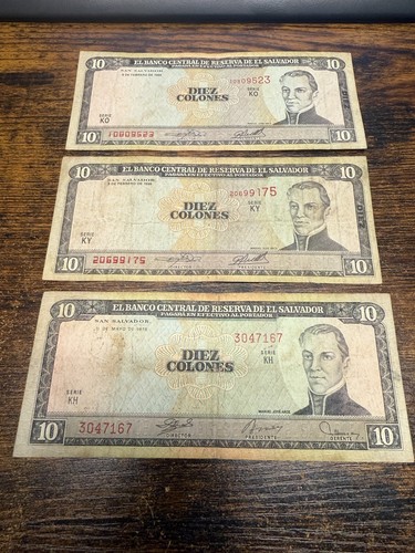 Lot of 3 El Salvador 10 colones Banknotes 1978 Serie KH,1996 Serie KO, & 1996 KY