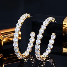 Noble Yellow Gold CZ Large Charm Circle Round Cut Hoop Earrings for Women Party