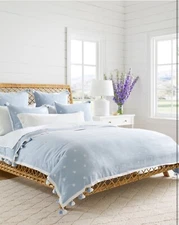 $438 New Serena & Lily Saltspring Duvet Cover Coastal Blue Embroidery Linen Twin