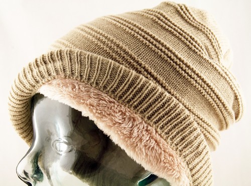 FSH .Cable Ribbed Knit Faux Fleece Fur Warm Inner Lined Slouch Beanie Ski Cap - Picture 6 of 8