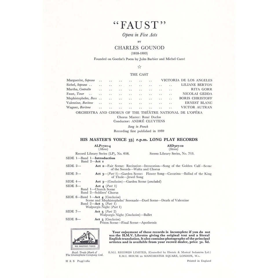 4LP HMV ASD-307 Cream/Gold GOUNOD Faust CLUYTENS LOS ANGELES GEDDA CHRISTOFF NM- - Image 2 of 3