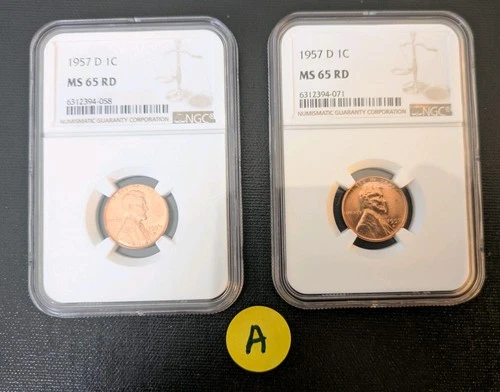A) Lot of 2: 1957 (D) LINCOLN WHEAT PENNIES  NGC-CERTIFIED MS65 RED 🔥🔥 1¢