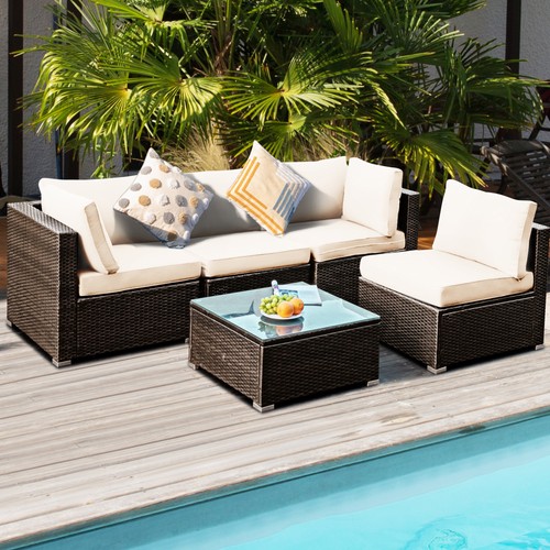 5PCS Rattan Patio Conversation Set Sofa Furniture Set w/ White Cushions - Picture 4 of 10