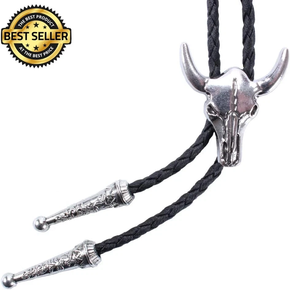 Western Vintage Bolo Tie for Men - Cow Skull Design Cowboy Tie - Black Leather B