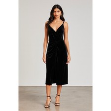 Women Black Velvet Twist Front Midi Dress V-Neck Spaghetti Strap Soprano