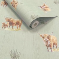 Highland Cow Tapete Sage Green 14380 GrüN Matt Papier Holz Muster Holden