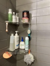 Acrylic Corner Shower Caddy Shelf with Hooks 2 Pack, Adhesive Wall Mounted