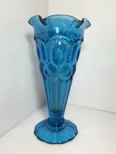 VINTAGE - L.E. Smith Moon & Stars Blue Glass Bud Vase 6.5”