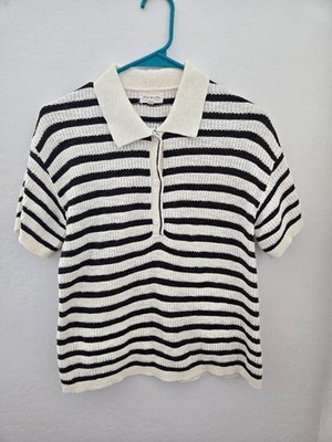 Thread & Supply Cream & Brown Stripe Short Sleeve Open Knit Sweater Size Small