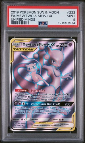 2019 POKEMON SUN & MOON UNIFIED MINDS #222 FULL ART/MEWTWO & MEW GX PSA 9