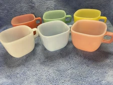 VTG Glassbake Square Coffee Cups Lipton Milk Glass Pastel Colors Set of 6