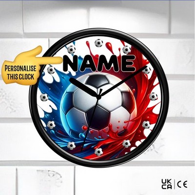 Personalisierte Fußball Wanduhr blau rot Fußball Geschenk Schlafzimmer nahezu lautlos Uhr