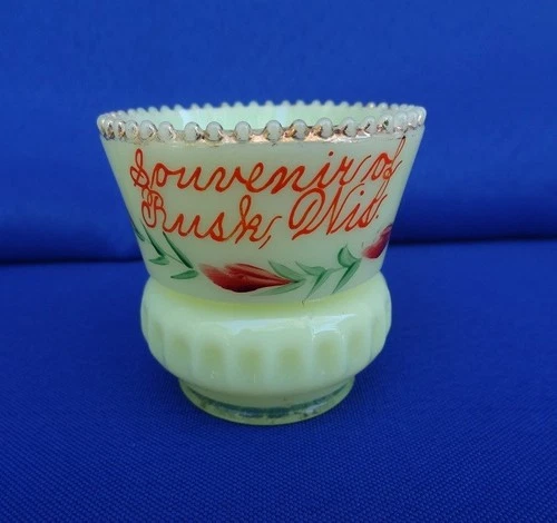 Antique UG Uranium HEISEY Custard Glass Souvenir Toothpick - RUSK Wisconsin WI