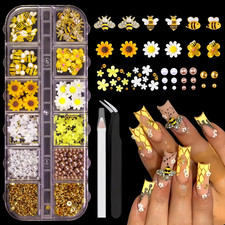 12 Grids Tiny Bee Nail Art Charms Resin Cartoon Daisy Flower Nail Gems 3D Gold A