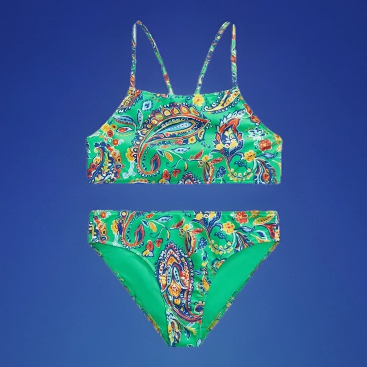 Maillot De Bain Tankini Fille - 14 Ans - Bleu Paillettes Motif Vagues - Neuf