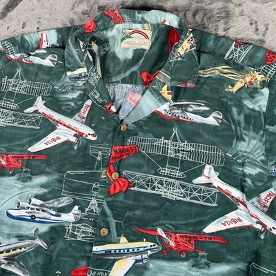 Vintage Paradise Found Hawaiian Shirt Men s Large Green Airplane Print 80s
