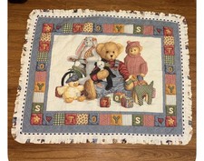 Vintage 90s blue jean teddy bear quilt 44x35