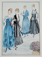 ANTIQUE FASHION PRINT Dinner Dresses Art Nouveau Large Vintage Pochoir 1915