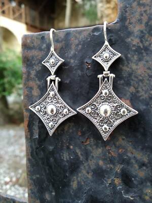 Griechische handgefertigte byzantinische Design Silber lange Ohrringe Vintage