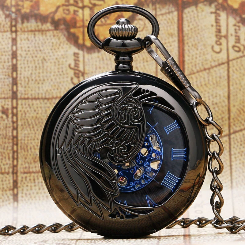 Black Tone Mechanical Pocket Watch Phoenix Design Fob Chain Blue Roman Numerals