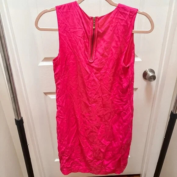 cynthia rowley hot pink dress Cynthia Rowley Sz 4 Shift Dress 100% Silk Hot Pink Sheath Lined Knee Lgth Flaw