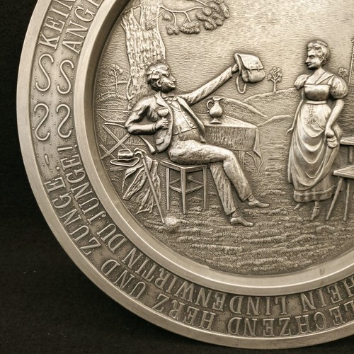 Vtg German Pewter Wall Plate Frieling Zinn Festive Drinking Wine with Maiden - Picture 7 of 11