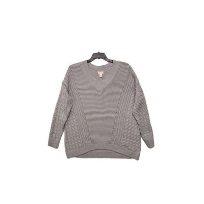 Caslon Cable Knit Sweater Womens Large Gray V Neck Cotton Blend Classic Preppy